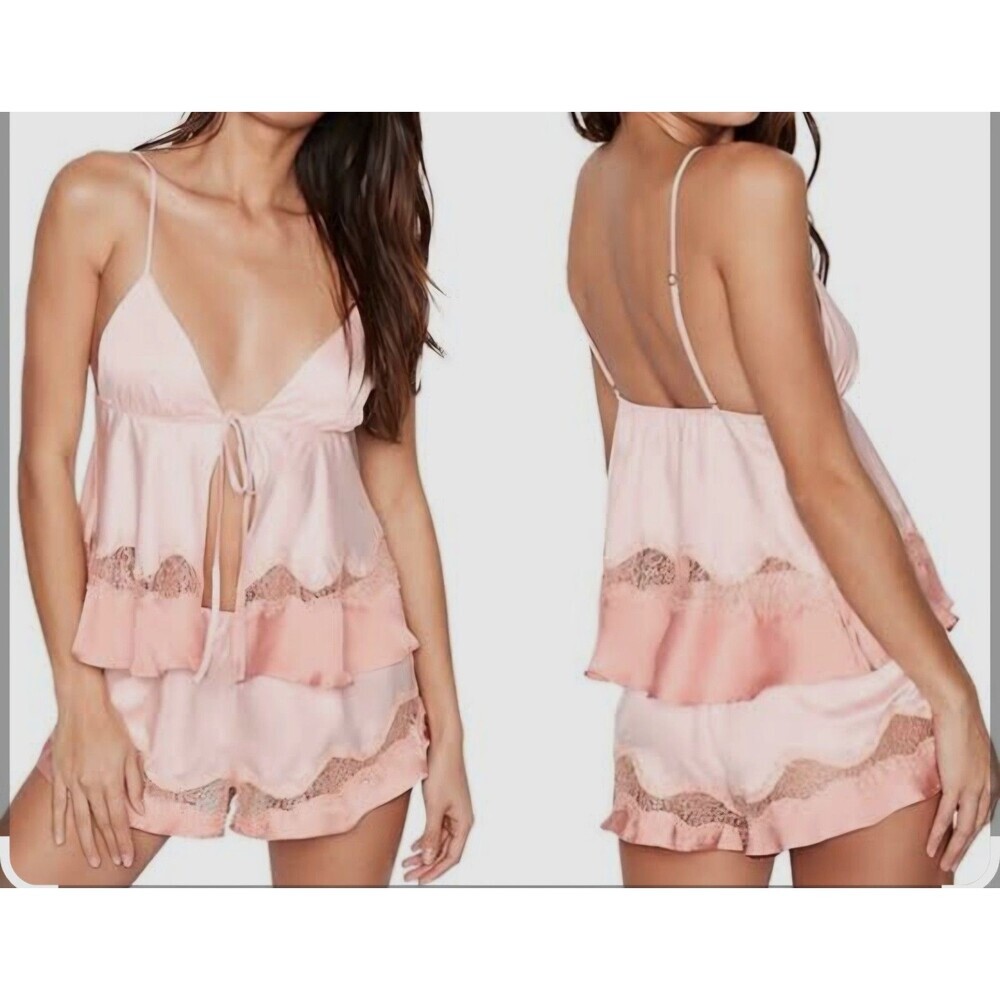Victoria's Secret Pink Lace Trim Satin Cami Short Pajama Set